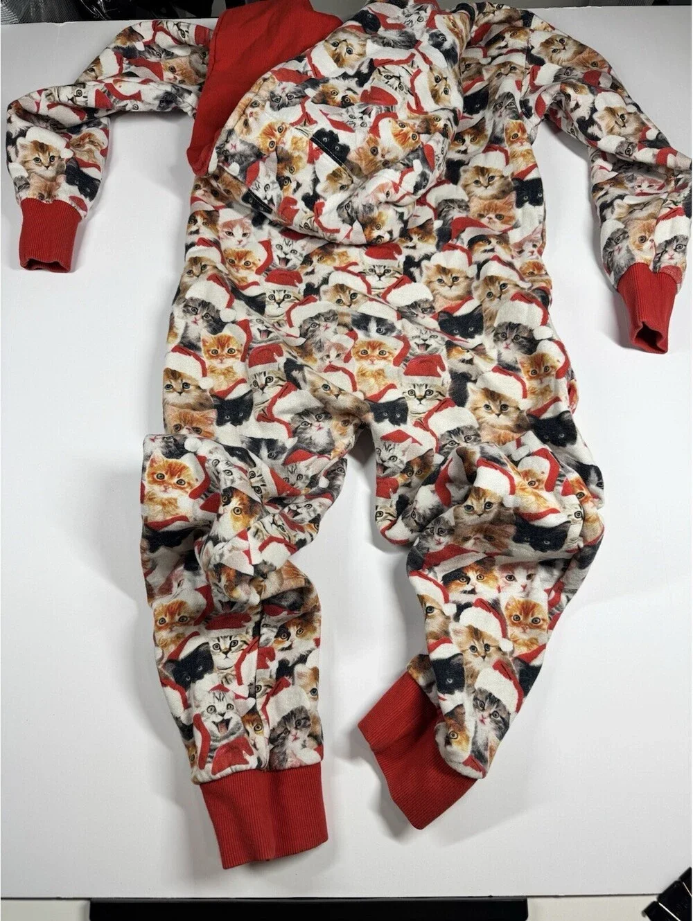 Tipsy Elves Meowy Catmus One Piece JR Lg Unisex Print Cats Hooded W/Pockets Xmas